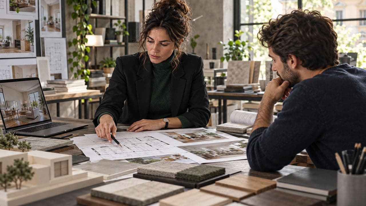 Una professionista spiega il progetto a un cliente.