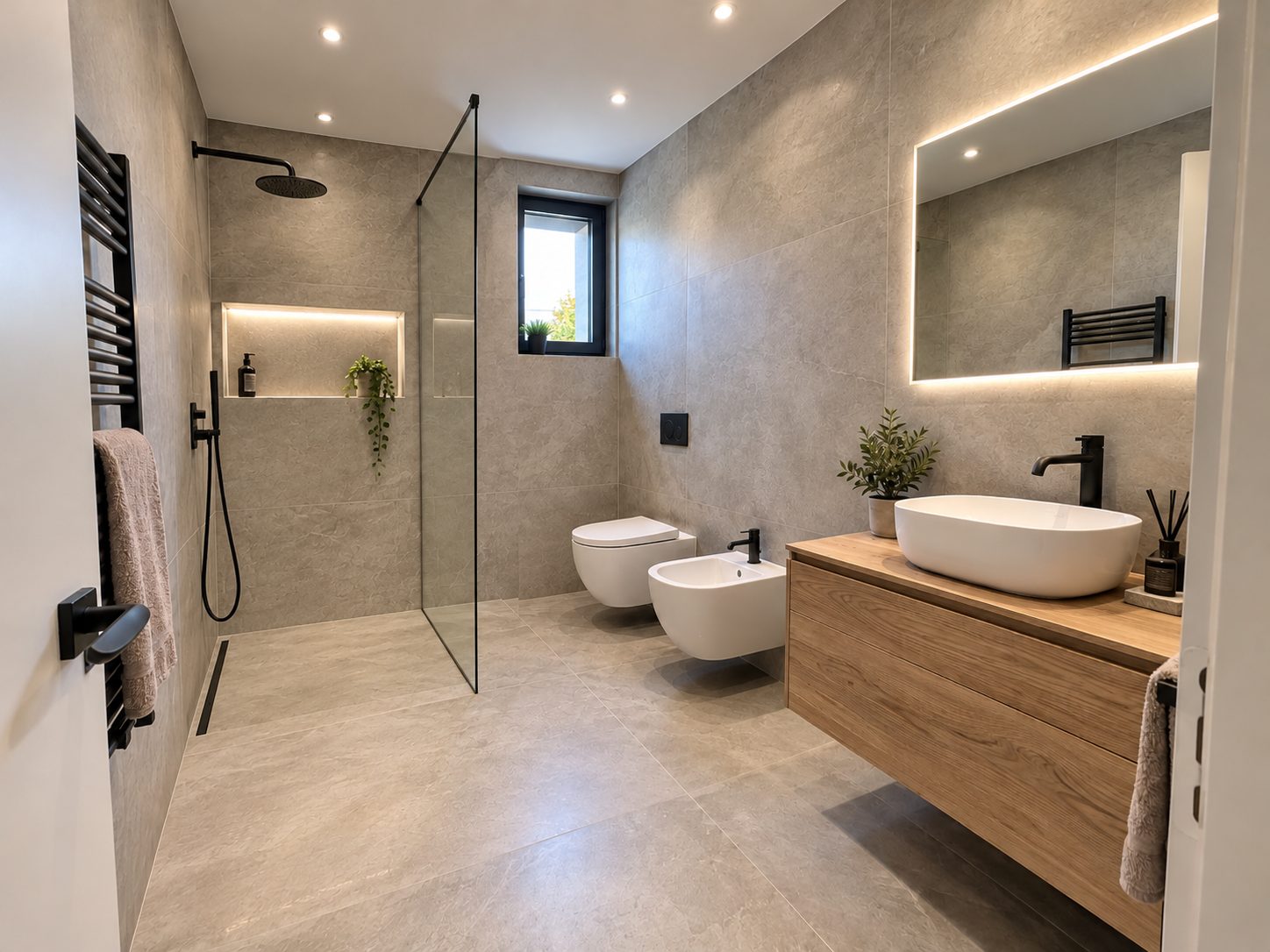 Bagno rifatto con gres grigio a tutta altezza, doccia walk-in con vetro e nicchia, sanitari sospesi, scaldasalviette nero e mobile in rovere
