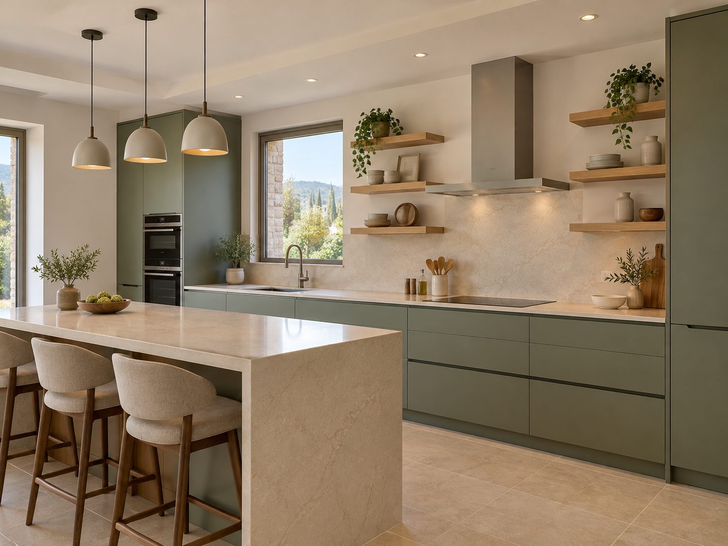 Cucina lineare verde salvia con piano in quarzo, mensole in rovere, penisola con sgabelli e pavimento in gres beige