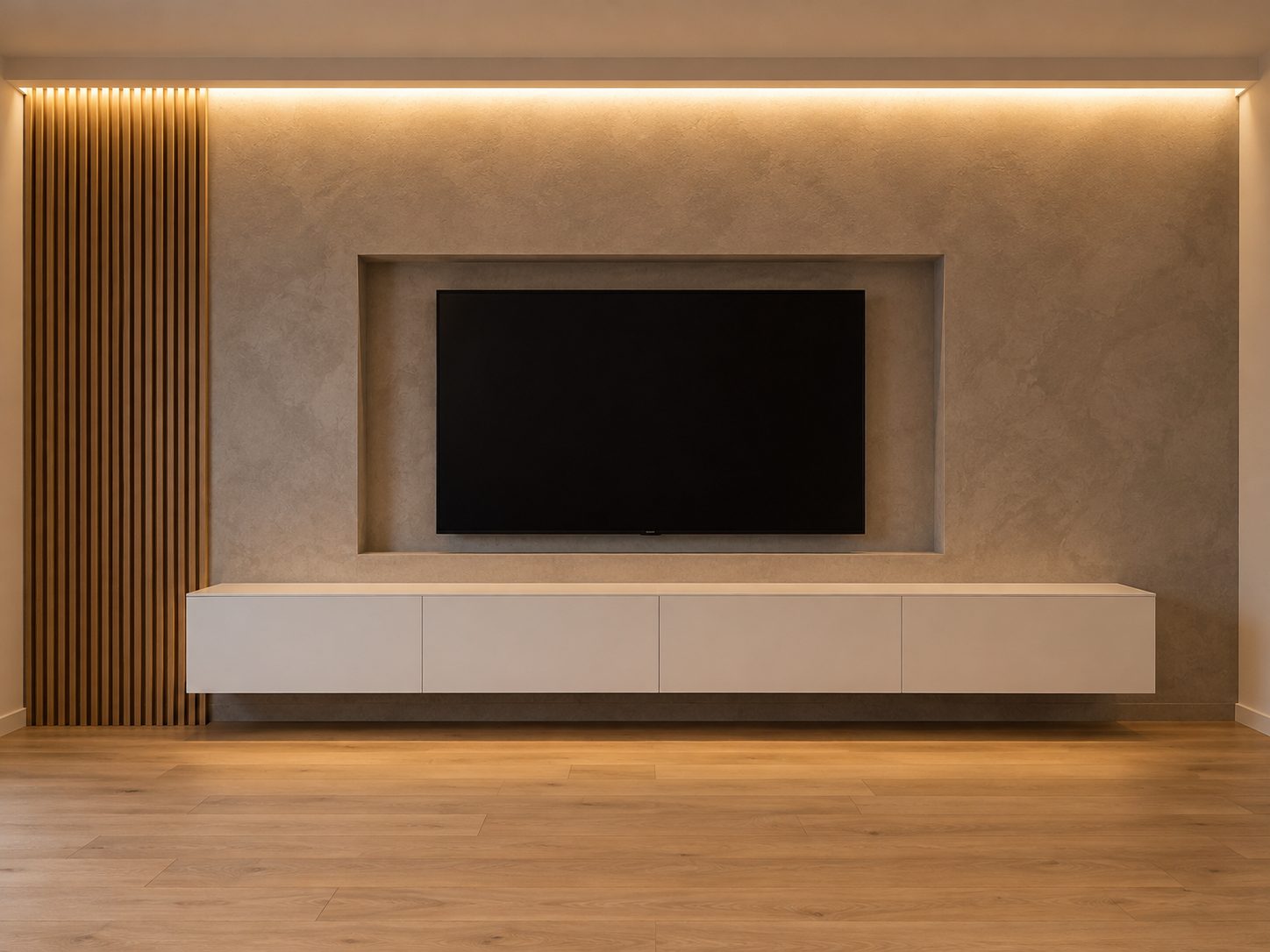 Parete TV con nicchia in cartongesso, luce LED nella veletta, doghe in rovere a sinistra e mobile sospeso bianco